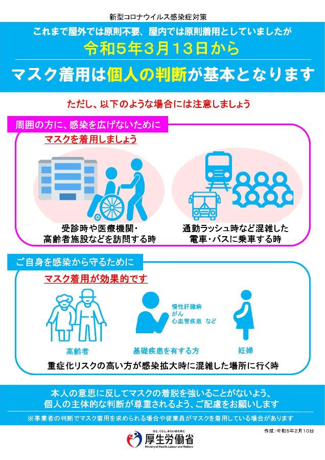 (厚生労働省)令和5年3月13日以降のマスク着用の考え方について