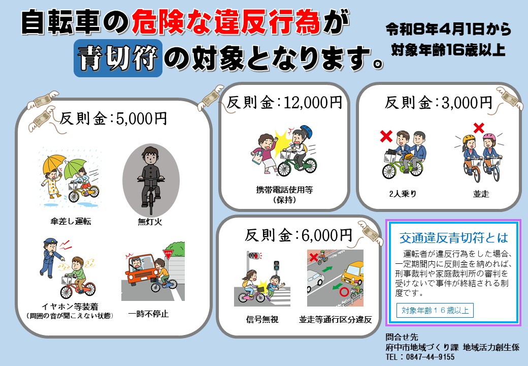 令和8年4月1日から自転車の違反に「青切符」が導入されます。
